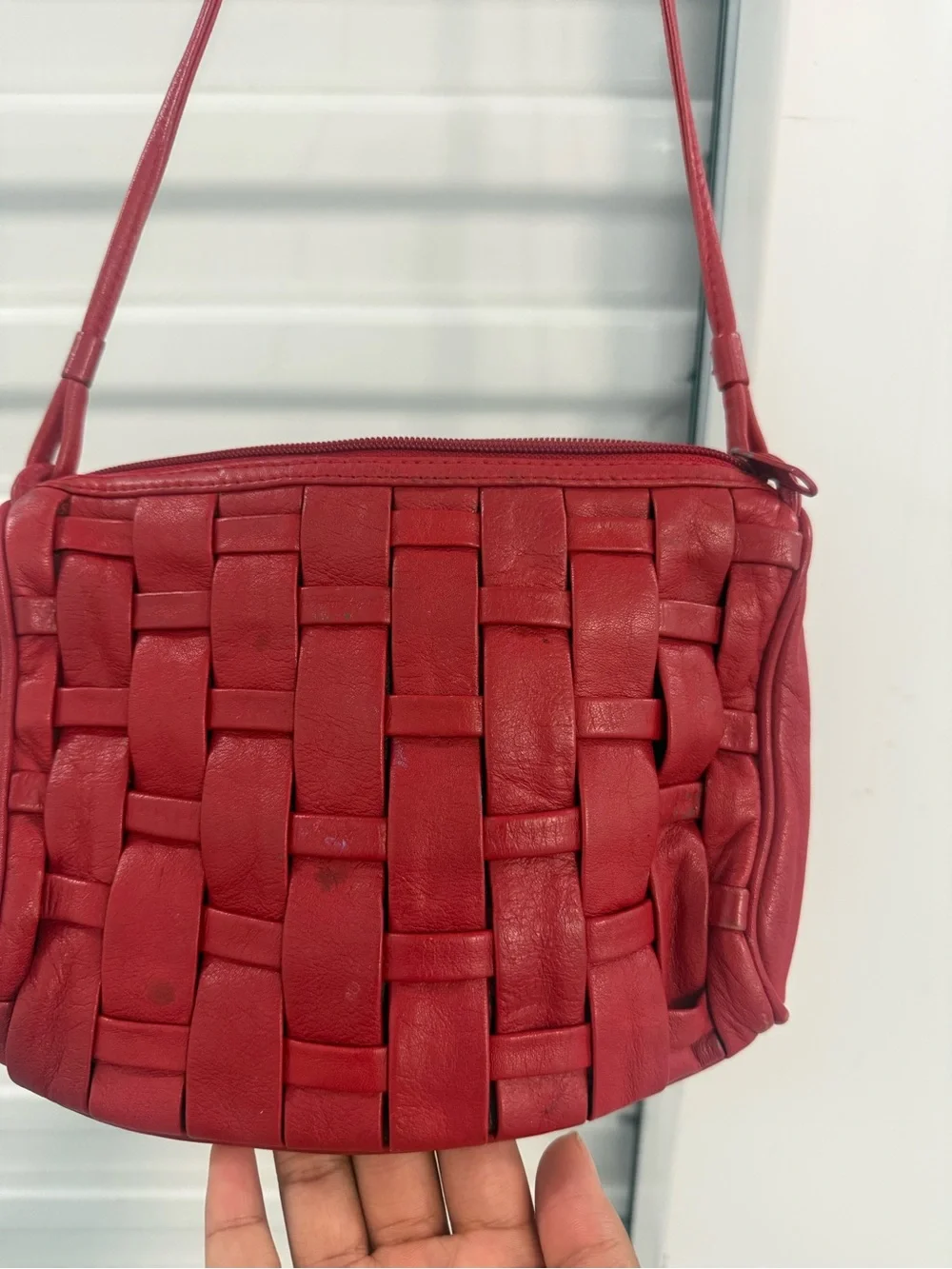 VTG Red Leather Woven Crossbody Shoulder Bag  bottega inspired